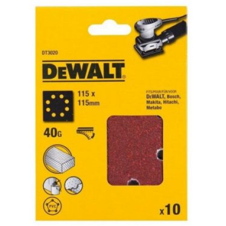 Шлифлисты перфорированные, 115 x 115 мм, 40G, 10 шт. DeWalt DT3020-QZ