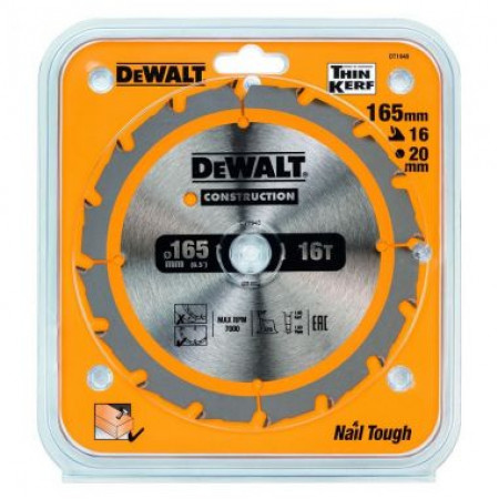 Пильный диск, CONSTRUCTION по дереву с гвоздями 165/20, 16 ATB DT1948-QZ DeWalt