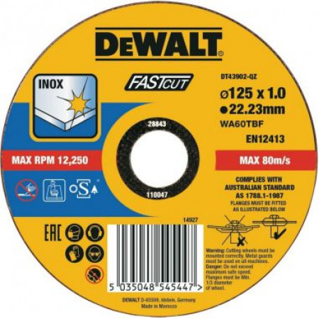 Круг отрезной быстрый рез 125x22.2x1 мм,тип 4 DT43902-QZ DeWalt