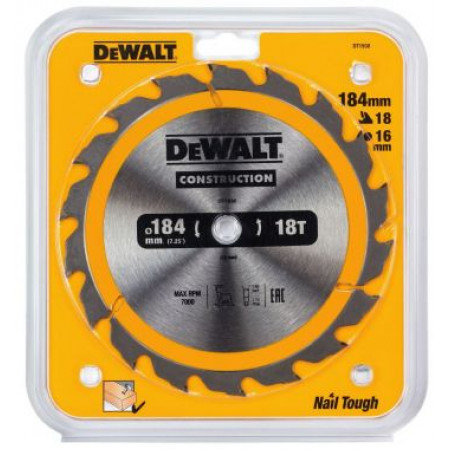 Пильный диск CONSTRUCTION по дереву с гвоздями 184/16 18 ATB +20° DT1938-QZ DeWalt Пильный диск CONSTRUCTION по дереву с гвоздями 184/16 18 ATB +20° DT1938-QZ DeWalt